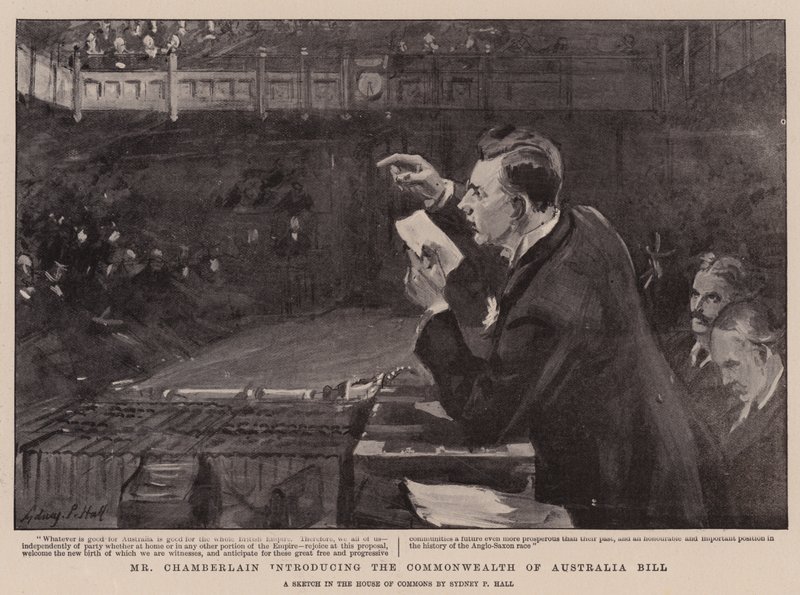 Mr. Chamberlain stellt das Commonwealth of Australia Bill vor von Sydney Prior Hall