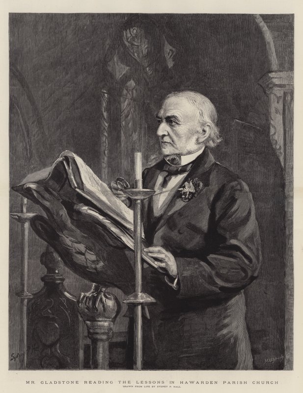 Mr. Gladstone liest die Lektionen in der Pfarrkirche von Hawarden von Sydney Prior Hall