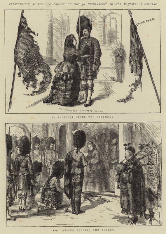 Übergabe der alten Farben der 79. Highlander an Ihre Majestät in Osborne von Sydney Prior Hall