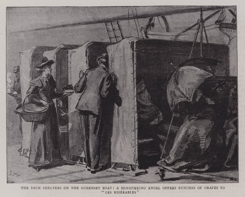 Die Deckschutzräume auf dem Guernsey-Boot, ein dienstbarer Engel bietet Traubenbündel den Elenden an von Sydney Prior Hall