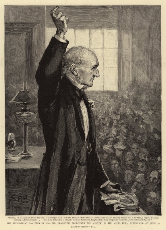 Die Mid-Lothian-Kampagne von 1892, Mr. Gladstone spricht auf dem Treffen in der Music Hall, Edinburgh, am 30. Juni von Sydney Prior Hall
