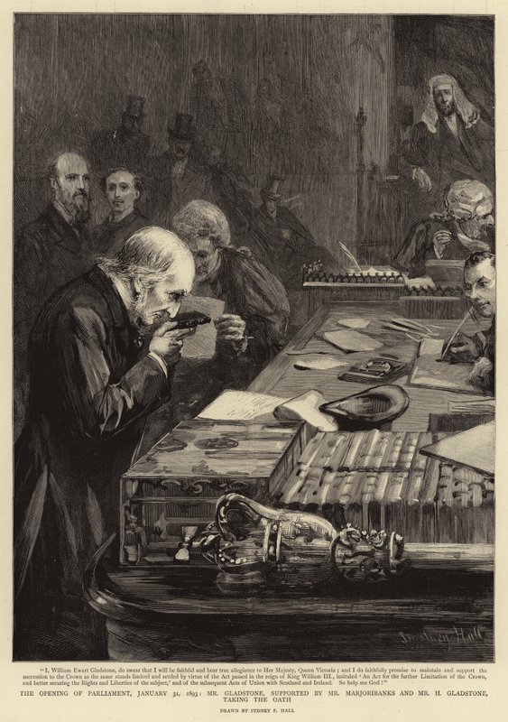 Die Eröffnung des Parlaments, 31. Januar 1893, Mr. Gladstone, unterstützt von Mr. Marjoribanks und Mr. H. Gladstone, legt den Eid ab von Sydney Prior Hall