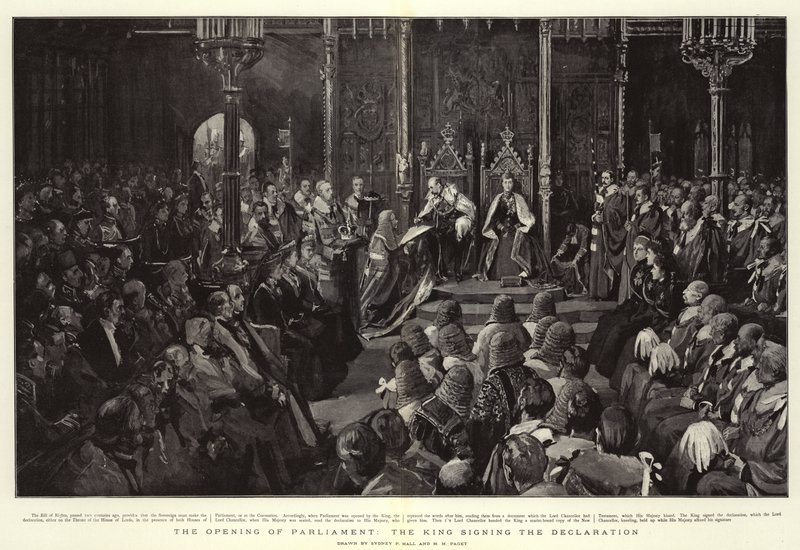 Die Eröffnung des Parlaments, der König unterzeichnet die Erklärung von Sydney Prior Hall