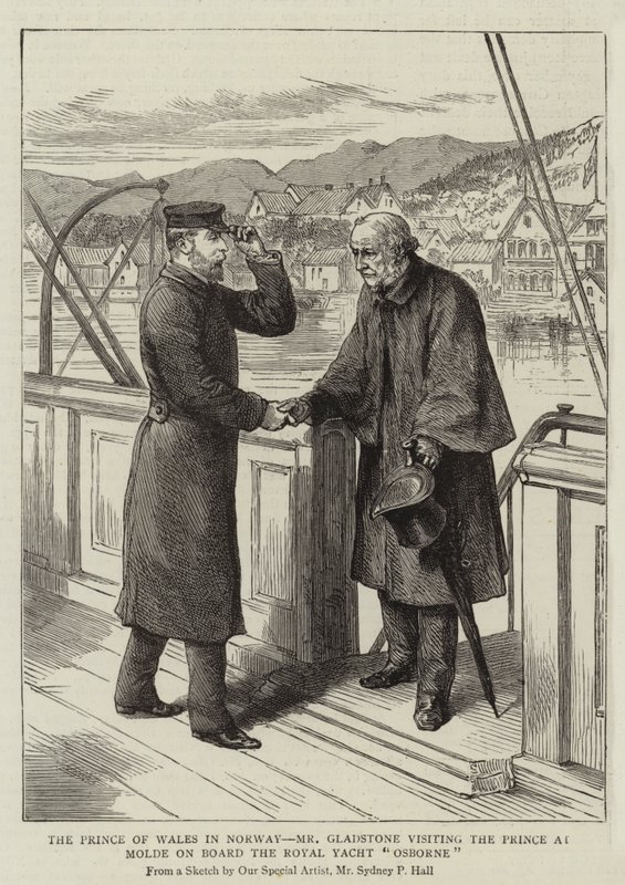 Der Prinz von Wales in Norwegen, Mr. Gladstone besucht den Prinzen in Molde an Bord der königlichen Yacht Osborne von Sydney Prior Hall
