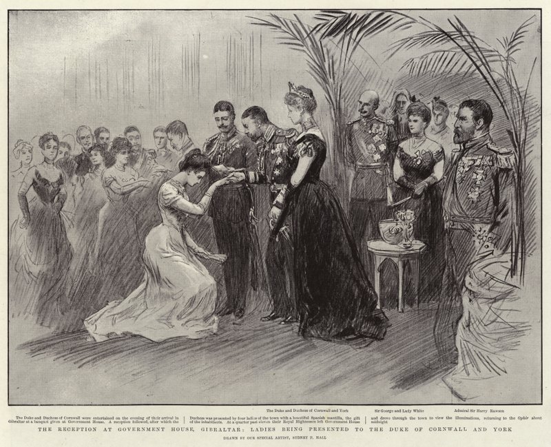 Der Empfang im Regierungshaus, Gibraltar, Damen werden dem Herzog von Cornwall und York vorgestellt von Sydney Prior Hall