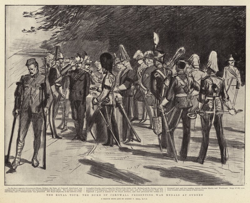 Die königliche Tour, der Herzog von Cornwall überreicht Kriegsauszeichnungen in Sydney von Sydney Prior Hall