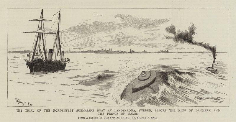 Die Prüfung des Nordenfelt-U-Bootes in Landskrona, Schweden, vor dem König von Dänemark und dem Prinzen von Wales von Sydney Prior Hall