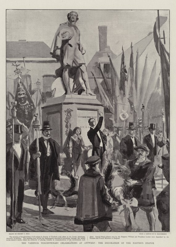 Die Vandyck-Tercentenary-Feierlichkeiten in Antwerpen, die Dekoration der Statue des Meisters von Sydney Prior Hall