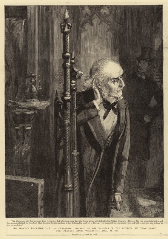 Das Frauenwahlrecht, Mr. Gladstone hört die Zahlen der Abstimmungsliste hinter dem Stuhl des Sprechers, Mittwoch, 27. April 1892 von Sydney Prior Hall