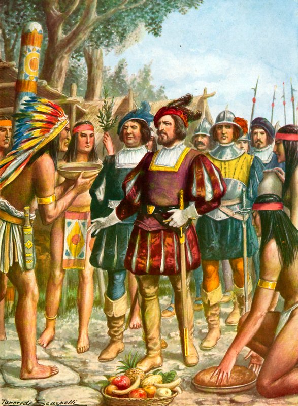 Spanier werden von einem Indianerhäuptling begrüßt, der ihnen Kuchen, Obst und Wein anbietet von Tancredi Scarpelli