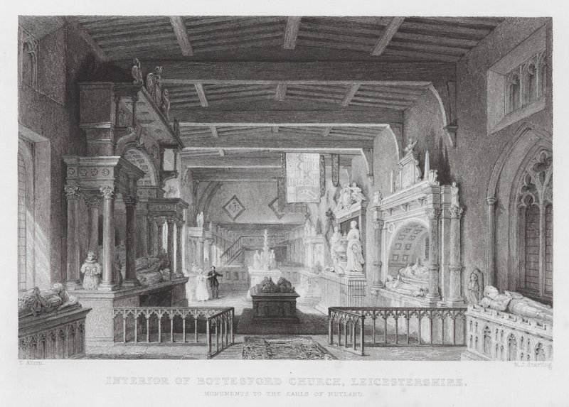 Innenraum der Bottesford Kirche, Leicestershire, Denkmäler der Earls of Rutland (Gravur) von Thomas (after) Allom