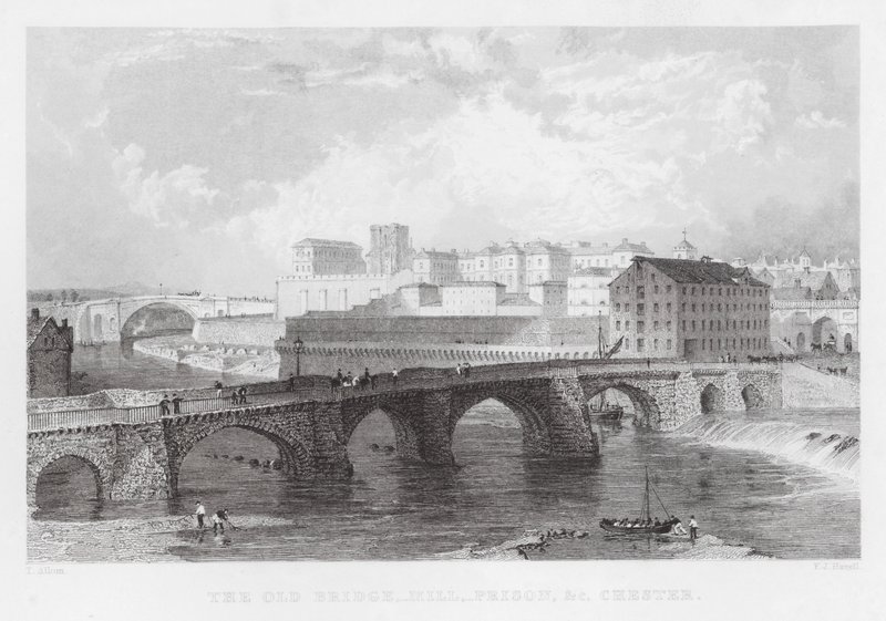 Die alte Brücke, Mühle, Gefängnis usw., Chester (Gravur) von Thomas (after) Allom