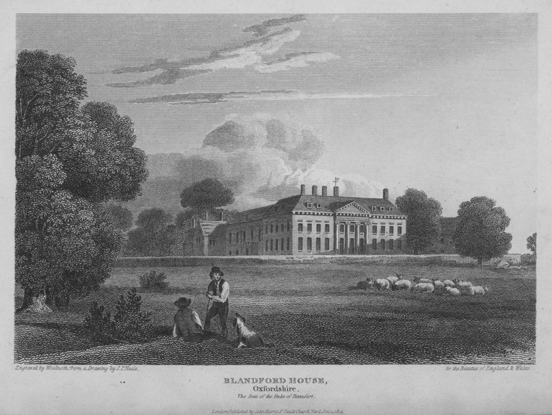 Blandford House, Oxfordshire, Sitz der Herzöge von Beaufort (Stich) von Thomas A. Woolnoth