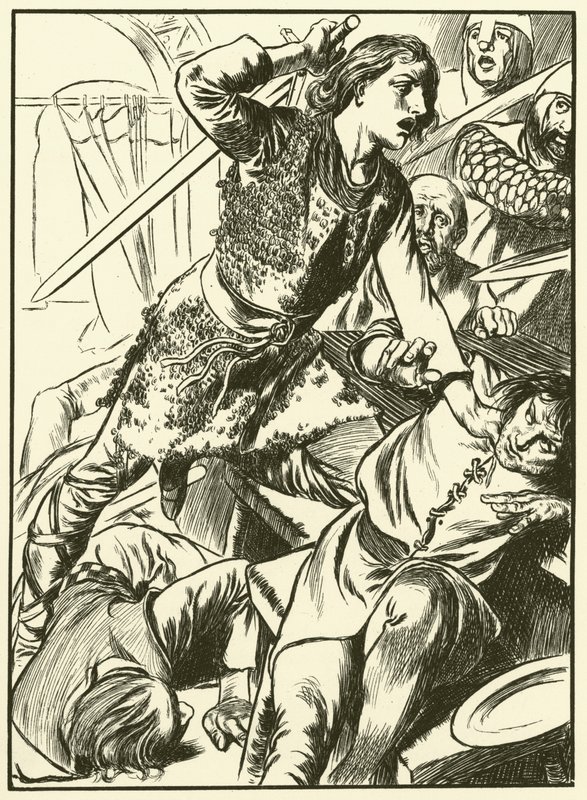 Hereward und seine Männer greifen die Normannen an von Thomas Heath Robinson