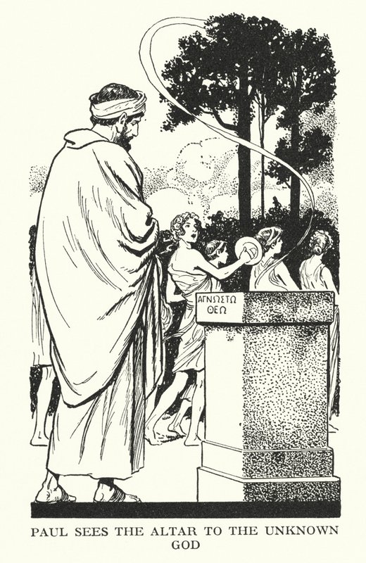 Paulus sieht den Altar für den unbekannten Gott von Thomas Heath Robinson