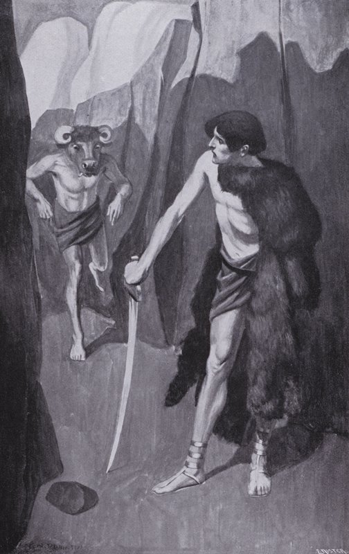Theseus traf den Minotaurus in einer engen Schlucht von Thomas Heath Robinson