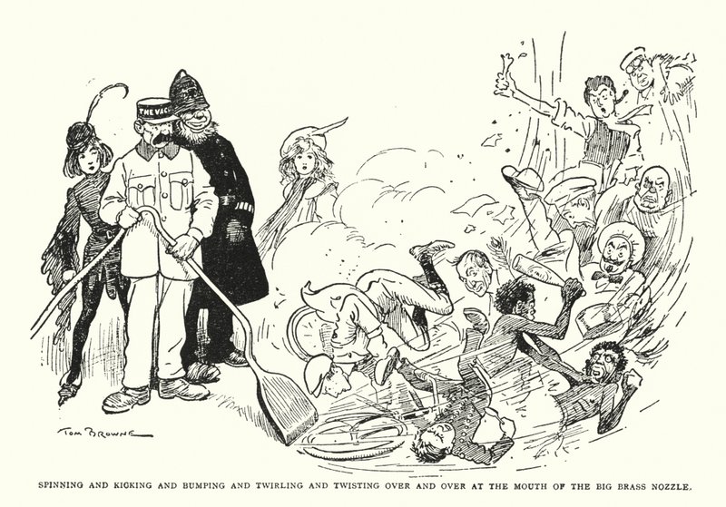 Drehen und Treten und Stoßen und Wirbeln und Drehen über und über am Mundstück der großen Messingdüse (Lithografie) von Tom Browne