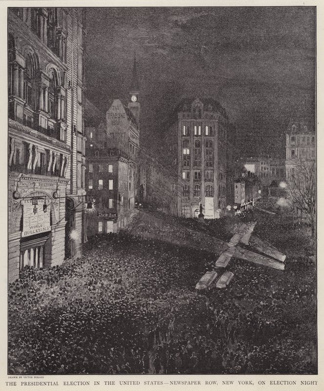 Newspaper Row, New York City, in der Nacht der US-Präsidentschaftswahl, 8. November 1892 von V. Perard