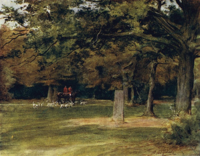 Der New Forest: Der Rufus-Stein (Farblithografie) von Walter Frederick Roofe Tyndale