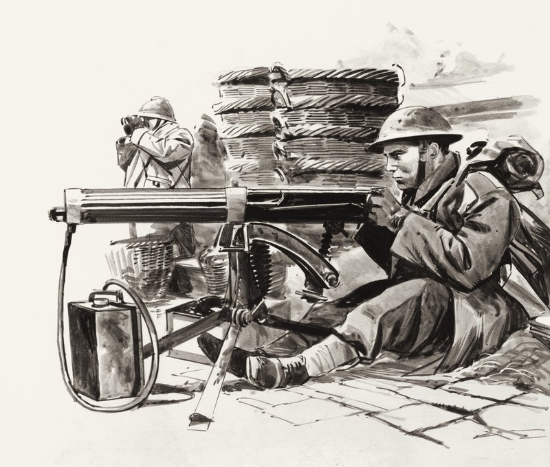 Britischer Maschinengewehrschütze wartet auf die Deutschen außerhalb von Dünkirchen von Wilf (20th century) Hardy