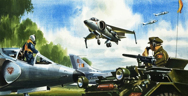 Schau -- Keine Landebahn. Die neuesten Entwicklungen in der Luftfahrt. Der Harrier Jump Jet von Wilf (20th century) Hardy