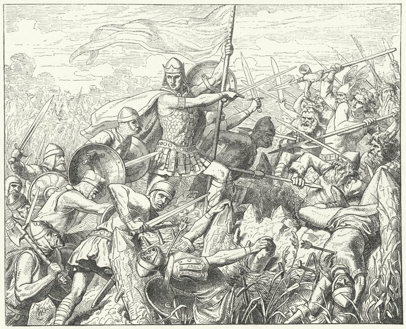 Arnulf von Kärnten stürmt die normannischen Verteidigungen am Fluss Dyle, 891 (Gravur) von Wilhelm Camphausen