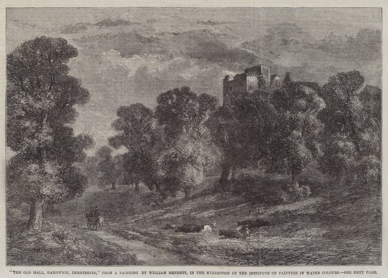 Die alte Halle, Hardwick, Derbyshire, in der Ausstellung des Instituts der Aquarellmaler von William James Bennett
