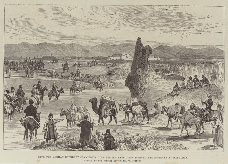 Mit der afghanischen Grenzkommission, die britische Expedition überquert den Murghab bei Maruchak von William Crimea Simpson