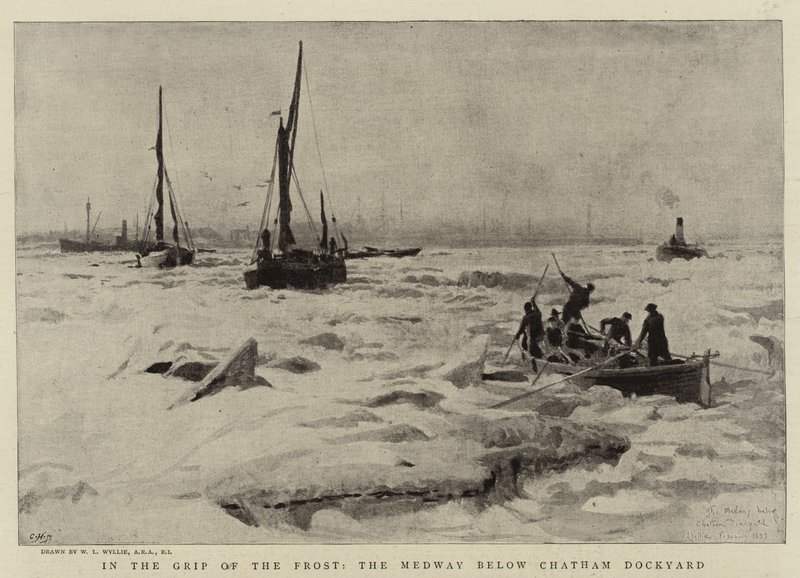 Im Griff des Frosts, die Medway unterhalb der Chatham-Werft von William Lionel Wyllie