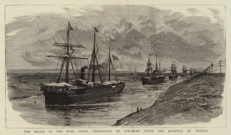 Die Blockade im Suezkanal, Prozession der Dampfer nach der Wiederaufnahme des Verkehrs von William Lionel Wyllie
