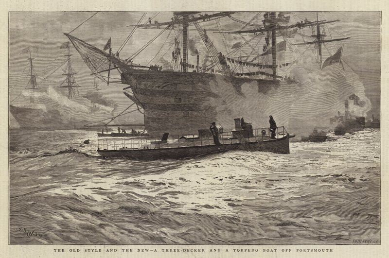 Der alte Stil und der neue, ein Dreidecker und ein Torpedoboot vor Portsmouth von William Lionel Wyllie