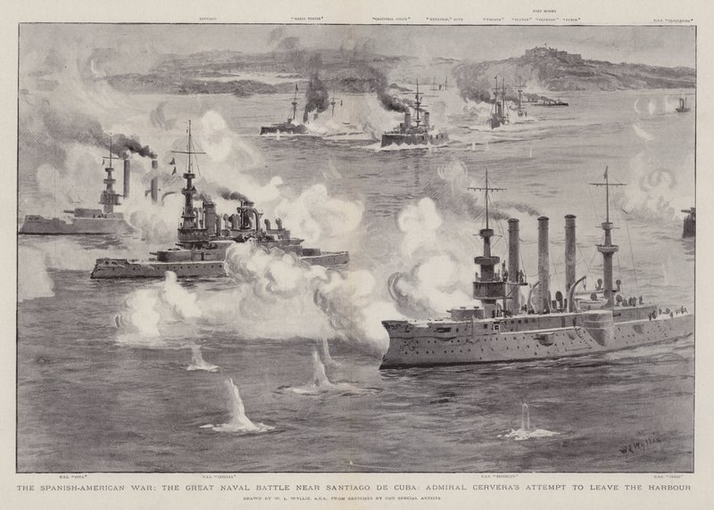 Der Spanisch-Amerikanische Krieg, die große Seeschlacht bei Santiago de Cuba, Admiral Cerveras Versuch, den Hafen zu verlassen von William Lionel Wyllie