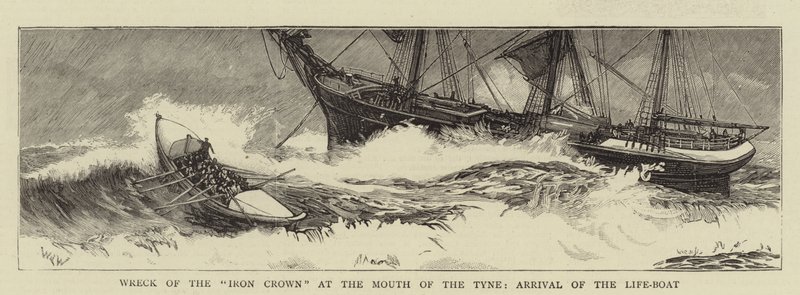 Wrack der Iron Crown an der Mündung des Tyne, Ankunft des Rettungsbootes von William Lionel Wyllie