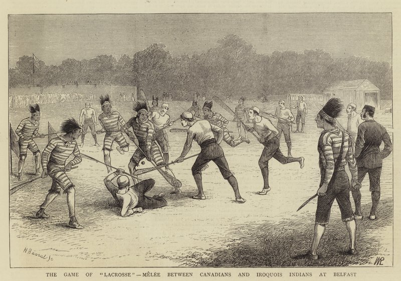 Das Lacrosse-Spiel, Nahkampf zwischen Kanadiern und Irokesen-Indianern in Belfast von William Ralston
