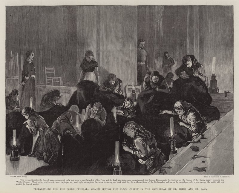 Vorbereitungen für das Begräbnis des Zaren, Frauen nähen den schwarzen Teppich in der Kathedrale von St. Peter und St. Paul von William Small