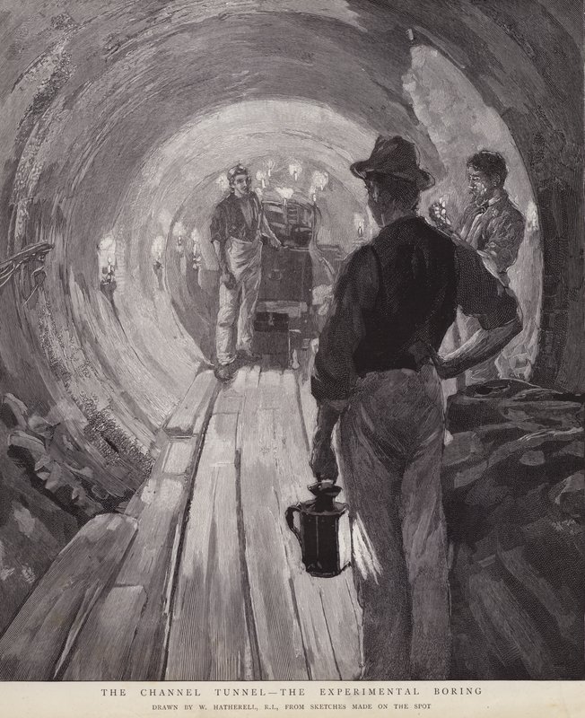Der Ärmelkanaltunnel - Das experimentelle Bohren (Lithografie) von William (after) Hatherell