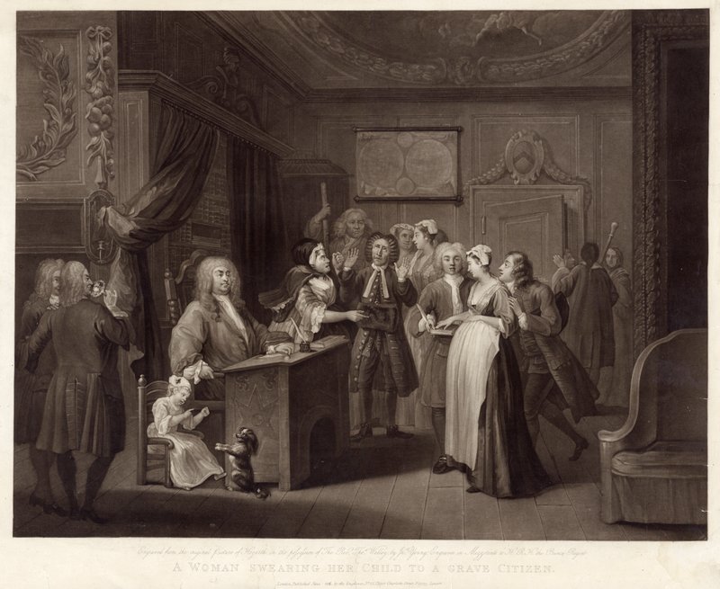 Eine Frau schwört ihr Kind einem ernsthaften Bürger von William (after) Hogarth
