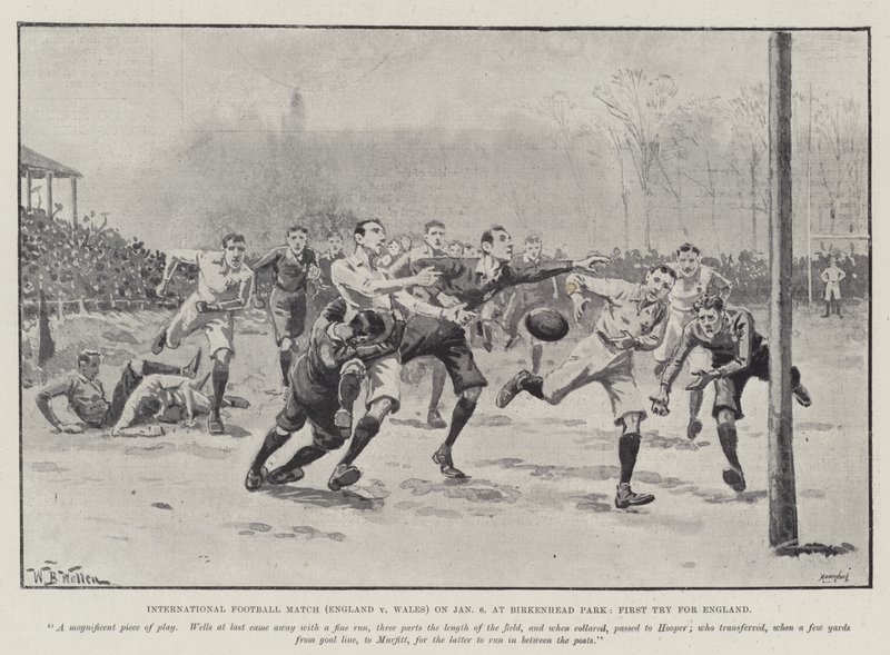 Internationales Fußballspiel (England gegen Wales) am 6. Januar im Birkenhead Park, Erster Versuch für England von William Barnes Wollen