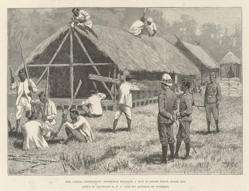 Die Lushai-Expedition, Goorkhas bauen eine Hütte, um ihre Ersatz-Ausrüstung zu lagern von William Barnes Wollen