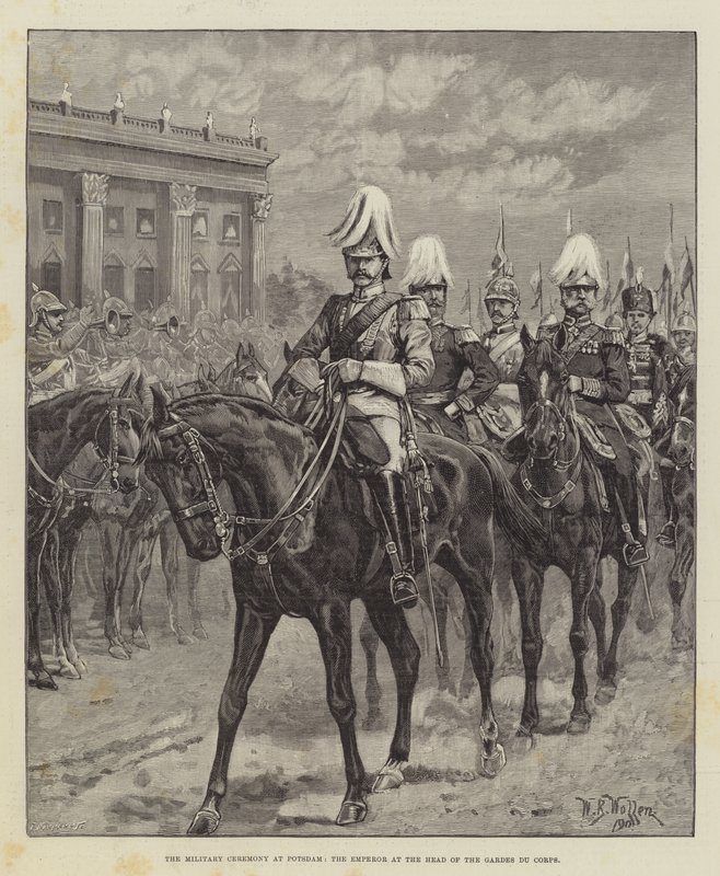 Die Militärzeremonie in Potsdam, der Kaiser an der Spitze der Gardes du Corps von William Barnes Wollen
