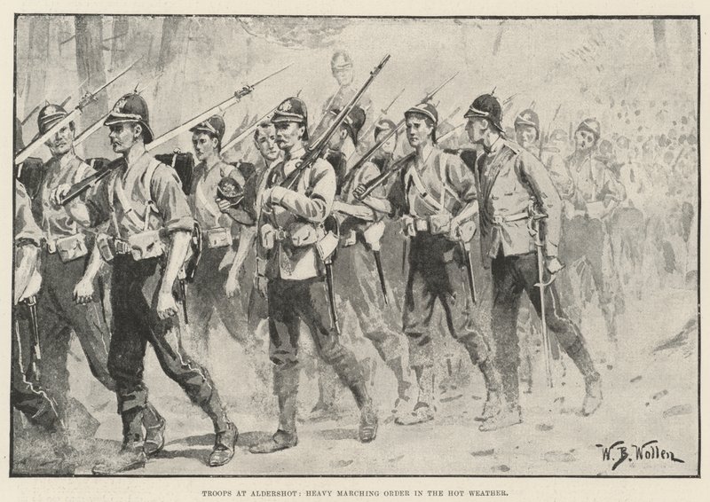 Truppen in Aldershot, schwerer Marschbefehl bei heißem Wetter von William Barnes Wollen