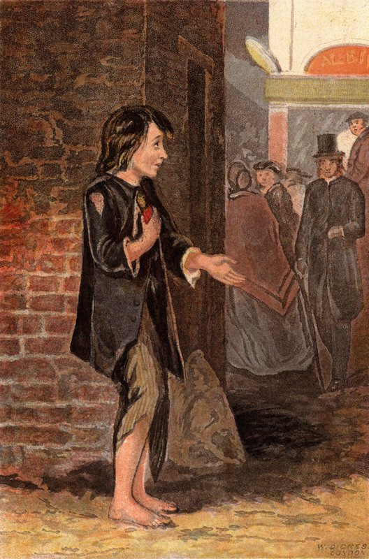 Ein Kind bettelt um Geld, um Brot zu kaufen (Chromolithografie) von William Dickes
