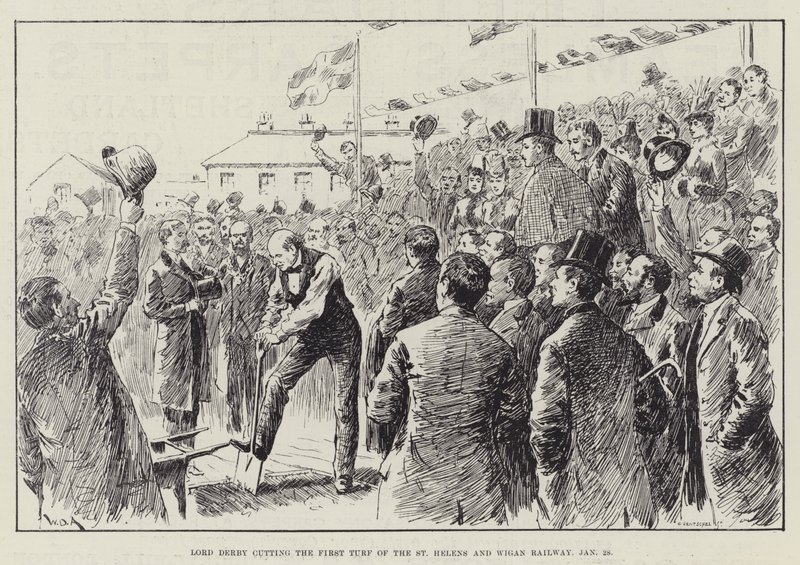 Lord Derby schneidet den ersten Rasen der St Helens und Wigan Railway, 28. Januar von William Douglas Almond