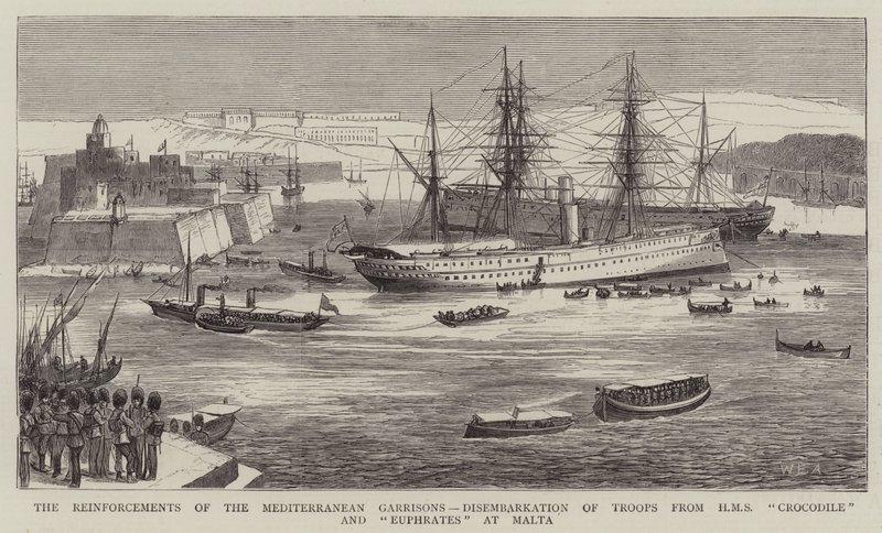 Die Verstärkungen der Mittelmeergarnisonen, Ausschiffung der Truppen von HMS Crocodile und Euphrates in Malta von William Edward Atkins