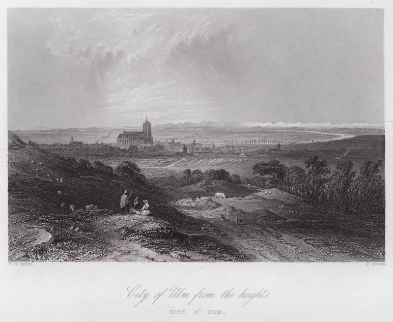 Stadt Ulm von den Höhen (Stich) von William H. Bartlett