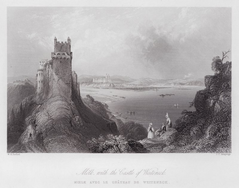Molk, mit der Burg Weiteneck (Stich) von William H. Bartlett