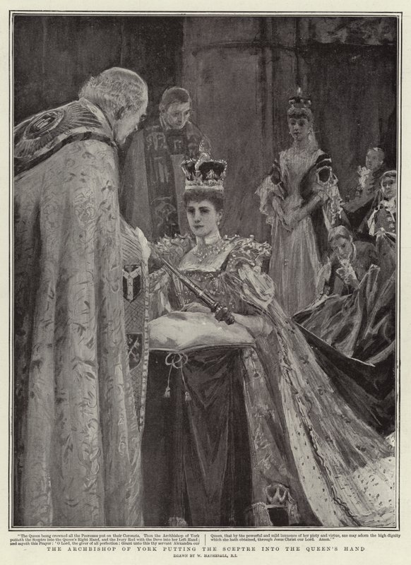 Der Erzbischof von York legt der Königin das Zepter in die Hand von William Hatherell
