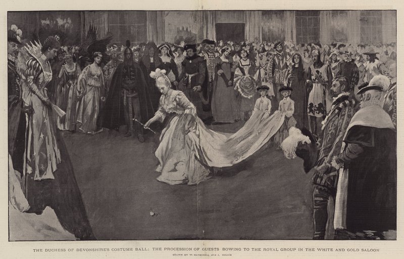 Der Kostümball der Herzogin von Devonshire, die Prozession der Gäste verneigt sich vor der königlichen Gruppe im weißen und goldenen Salon, 1897 von William Hatherell