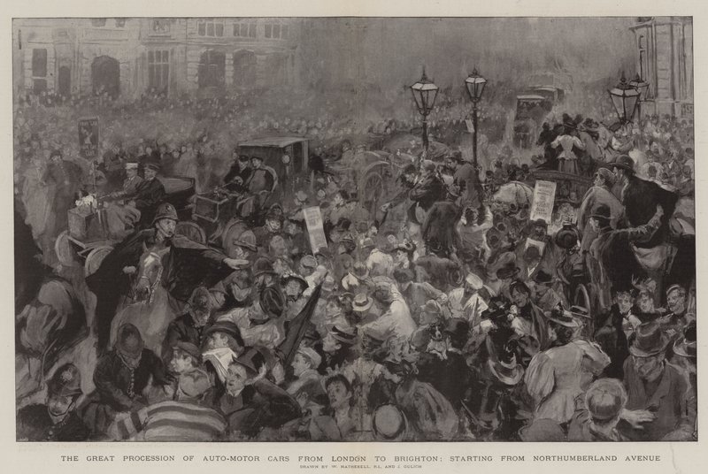 Die große Prozession der Automobilwagen von London nach Brighton, Start von der Northumberland Avenue von William Hatherell