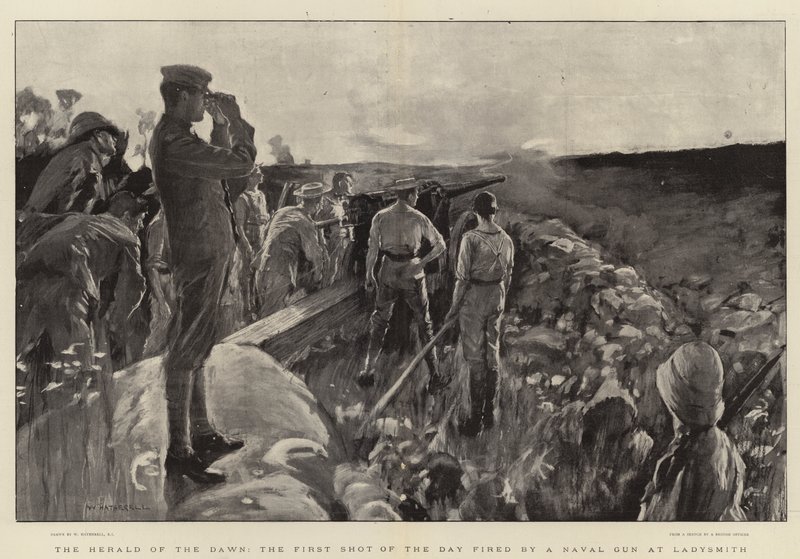Der Herold der Morgendämmerung, der erste Schuss des Tages, abgefeuert von einer Marinekanone in Ladysmith von William Hatherell